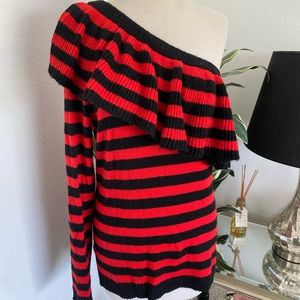 Aqua brand from Bloomingdales. Black and red striped off the shoulder sweater.